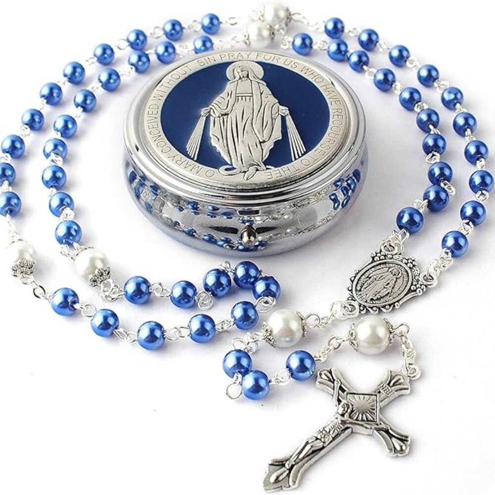 6mm Glass Pearl Beads 8mm Our Father Beads with Caps Miraculous Metal Gift Box